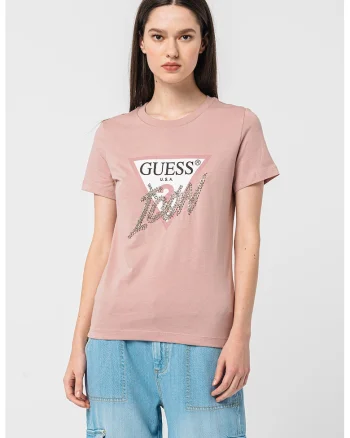 Tricou cu aplicatie logo cu strasuri, Roz