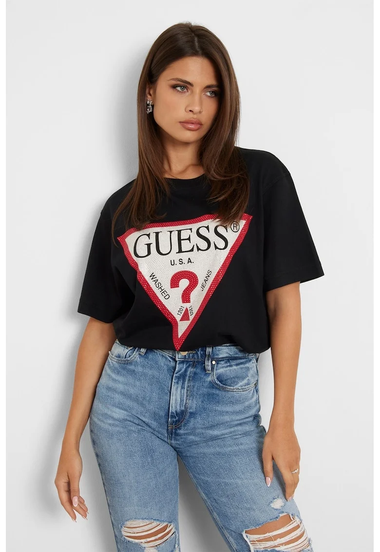 Tricou cu imprimeu logo si strasuri, Rosu/Negru