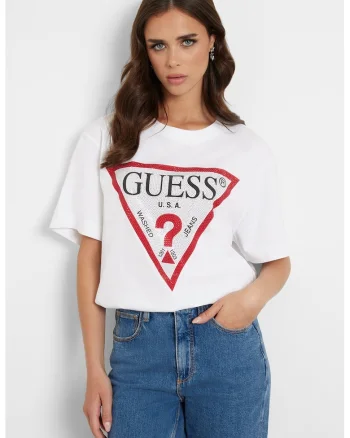 Tricou cu imprimeu logo si strasuri, Rosu/Alb