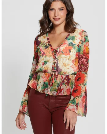 Bluza vaporoasa cu decolteu in V, Multicolor