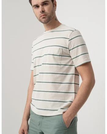 Tricou cu decolteu la baza gatului si imprimeu in dungi, Alb/Alb fildes/Verde inchis