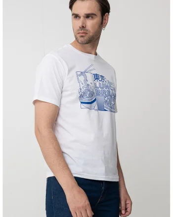 Tricou cu decolteu la baza gatului si imprimeu, Alb/Albastru
