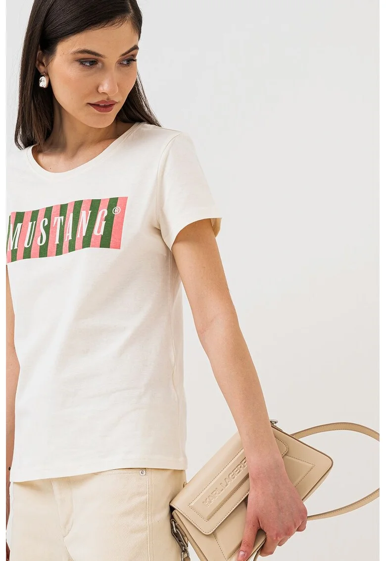 Tricou cu decolteu la baza gatului si logo, Alb murdar