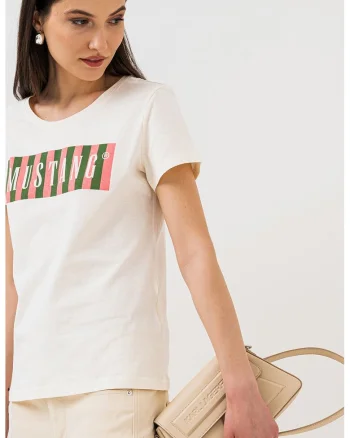 Tricou cu decolteu la baza gatului si logo, Alb murdar