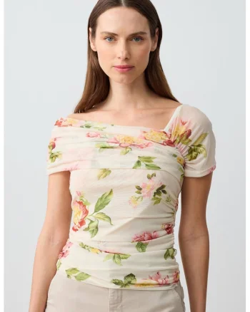 Bluza cu model si decolteu pe un umar, Verde/Bej deschis