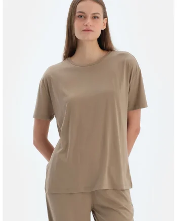 Tricou uni din amestec de modal, Maro deschis