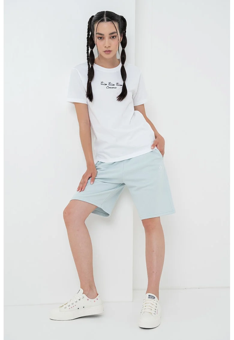 Tricou de bumbac cu logo brodat, Alb/Roz