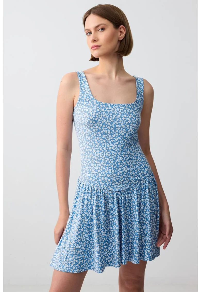 Rochie midi cu model floral si decolteu patrat, Alb/Albastru deschis