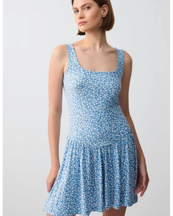 Rochie midi cu model floral si decolteu patrat, Alb/Albastru deschis