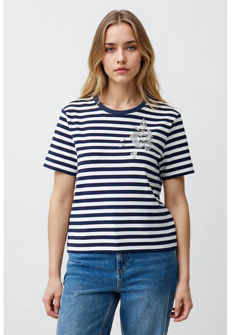Tricou in dungi cu aplicatii de paiete, Alb/Albastru ultramarin/Argintiu