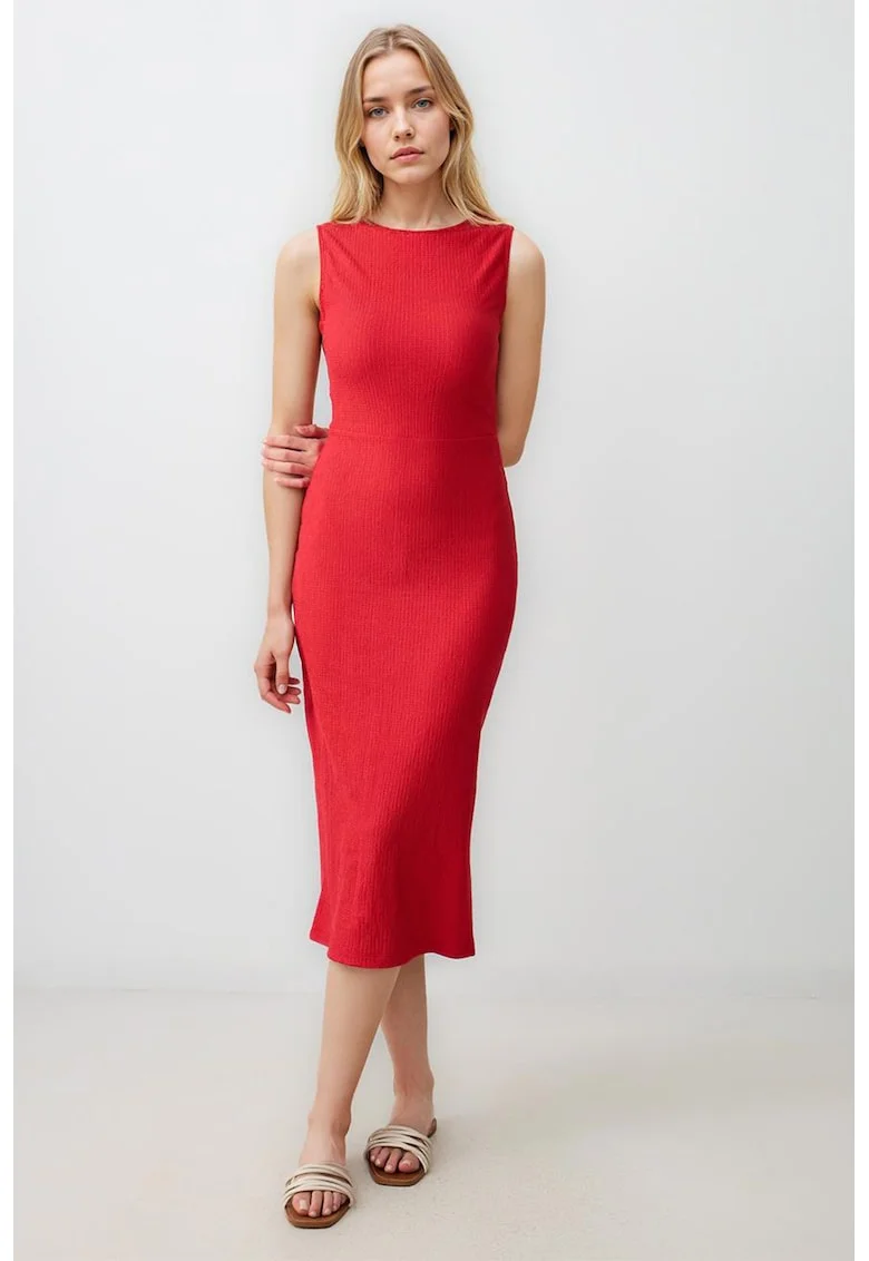Rochie midi cambrata cu aspect texturat, Rosu