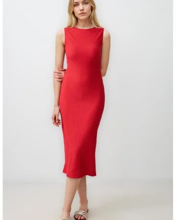Rochie midi cambrata cu aspect texturat, Rosu