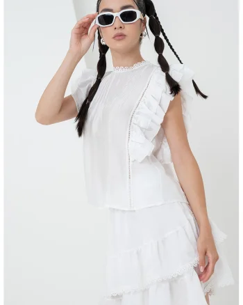 Bluza lejera cu maneci scurte cu volane, Alb