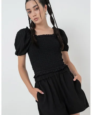 Bluza transparenta cu maneci crosetate, Negru