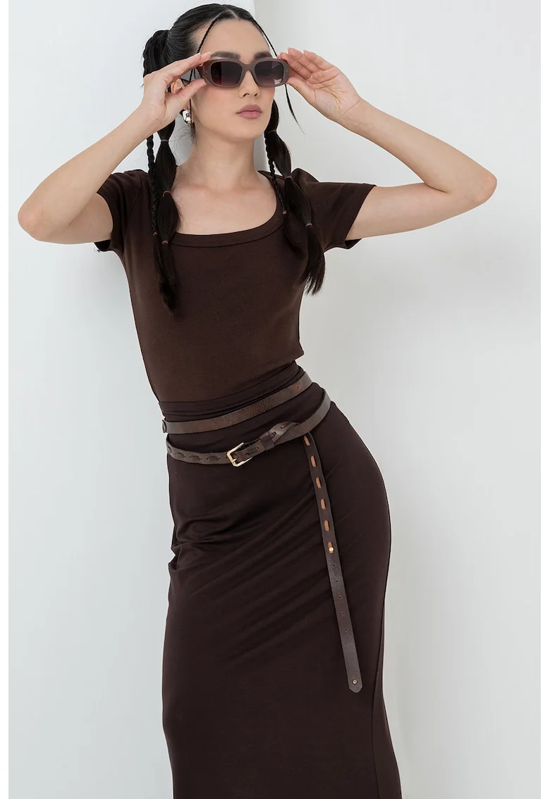 Tricou din amestec de bumbac organic cu decolteu rotund, Maro inchis