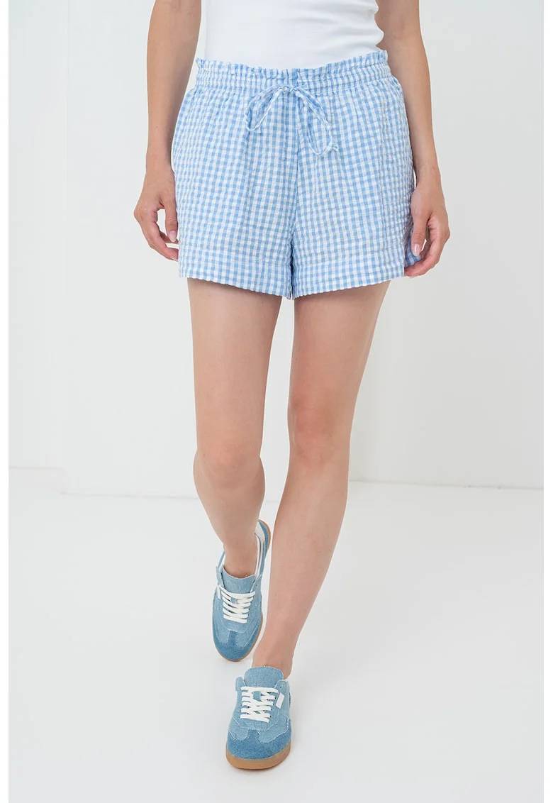 Pantaloni scurti cu snur si model in carouri, Alb