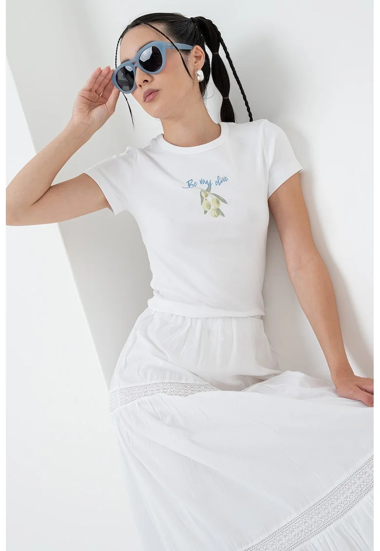 Tricou din amestec de bumbac organic cu imprimeu grafic pe partea din fata, Verde masliniu