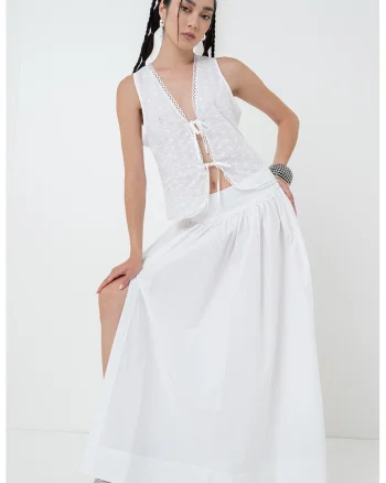 Bluza cu broderie, fara maneci, Alb murdar