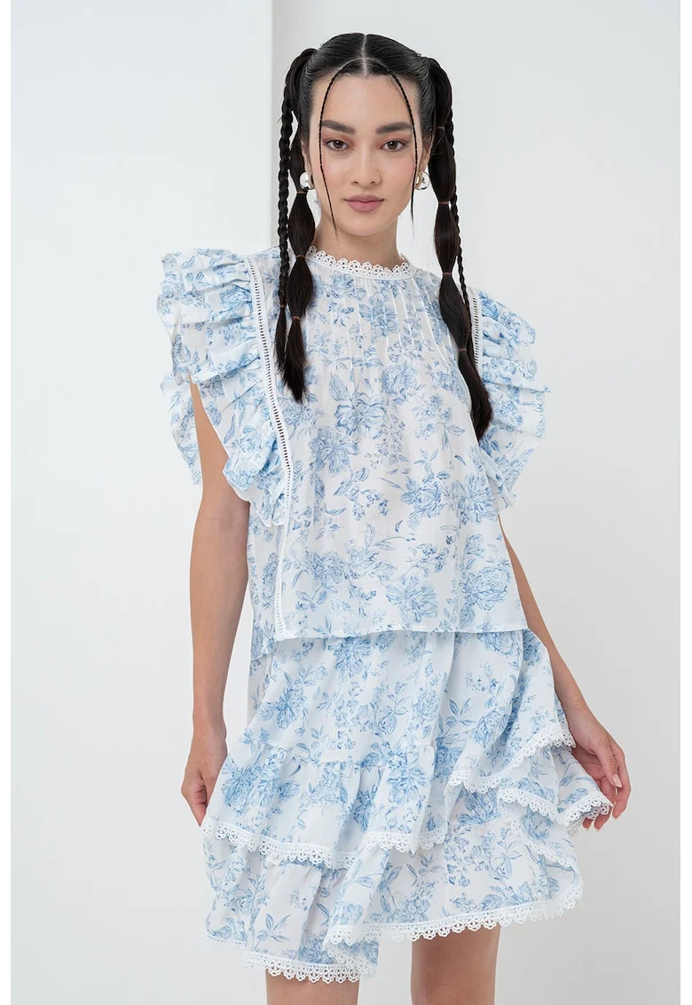 Bluza lejera cu maneci scurte cu volane, Albastru