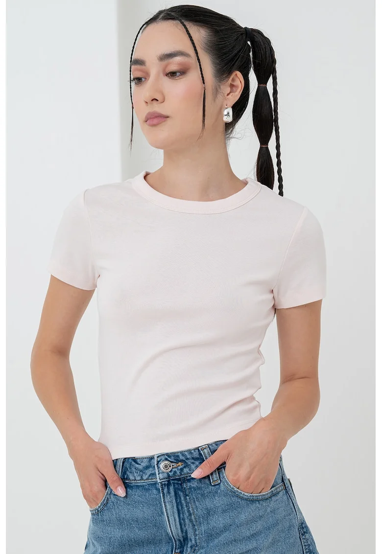 Tricou crop din amestec de bumbac organic cu decolteu rotund, Roz pastel