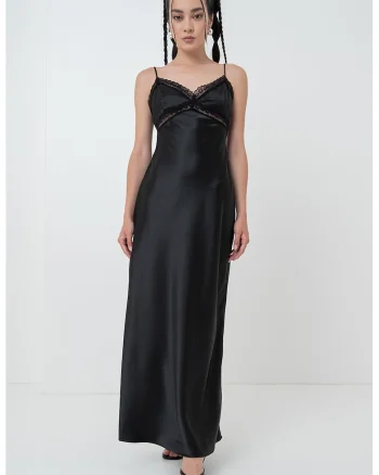 Rochie-furou maxi din satin cu detalii de dantela, Negru