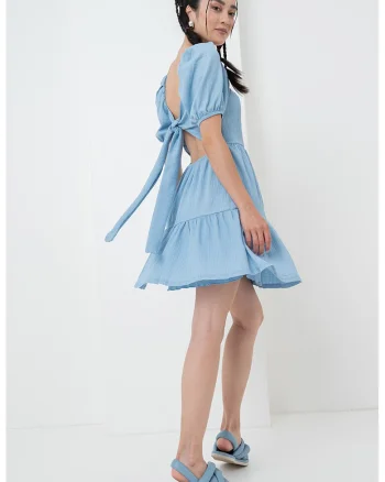 Rochie cu croiala in A si decolteu patrat, Albastru azur