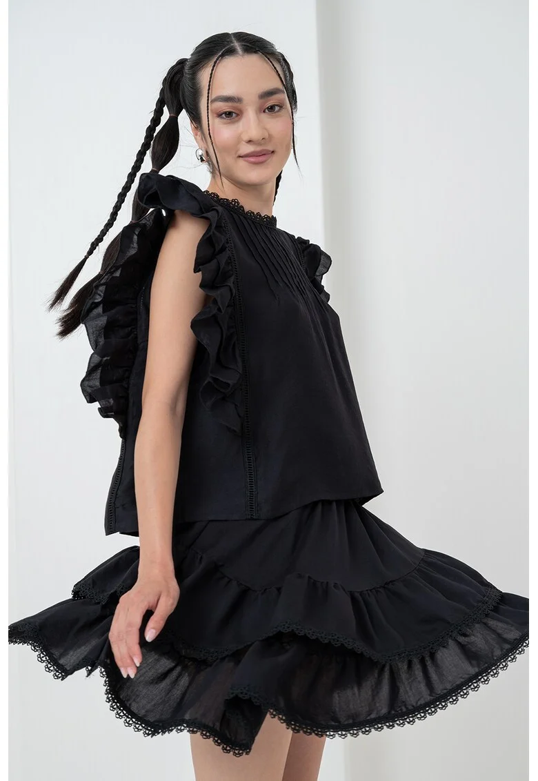 Bluza lejera cu maneci scurte cu volane, Negru