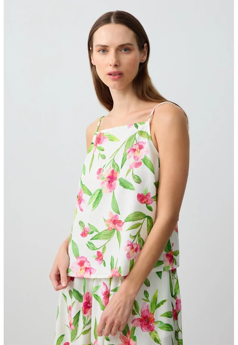 Bluza cu decolteu patrat si imprimeu floral, Verde/Alb fildes/Roz