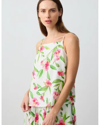 Bluza cu decolteu patrat si imprimeu floral, Verde/Alb fildes/Roz