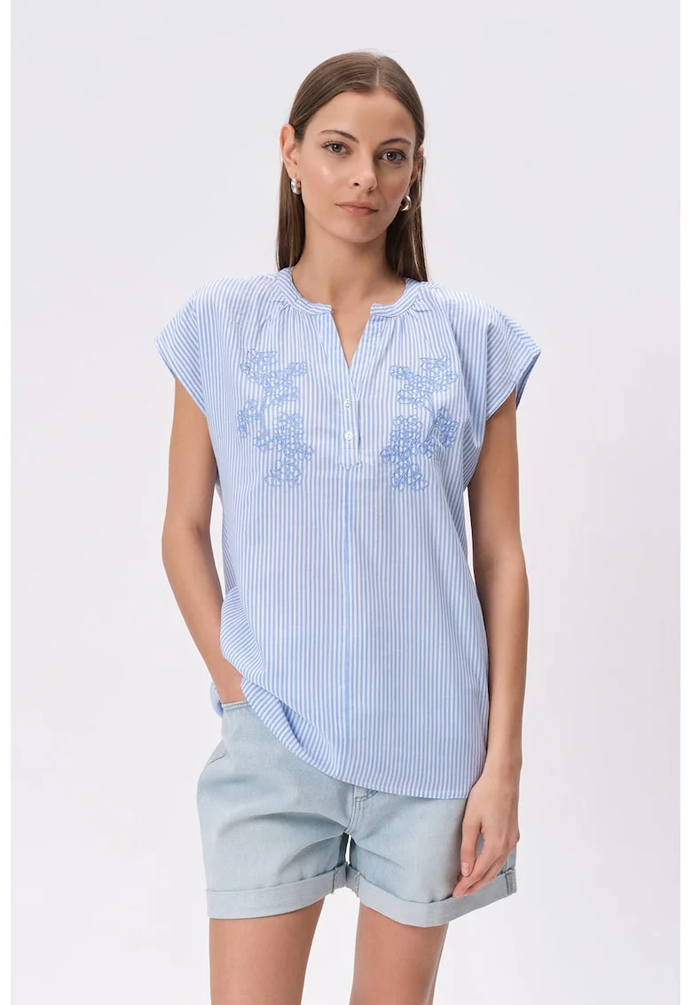 Bluza cu broderie florala, Alb/Albastru pastel
