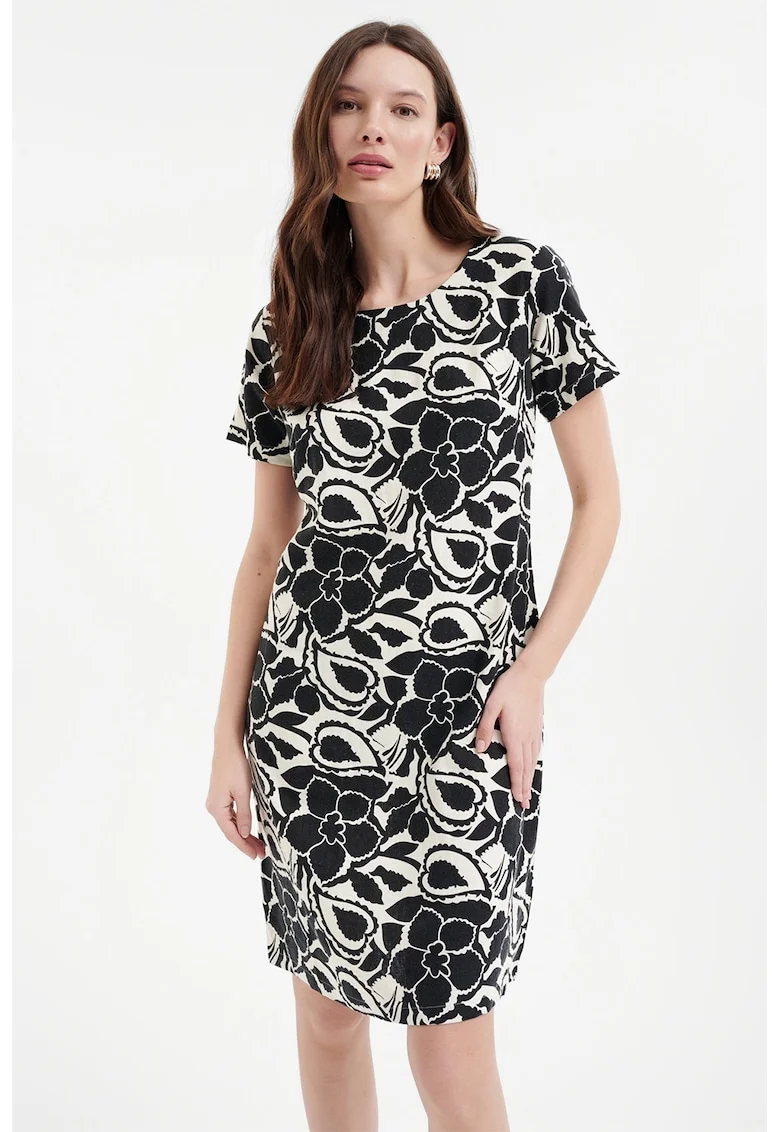 Rochie midi din amestec de in cu imprimeu, Alb fildes/Negru