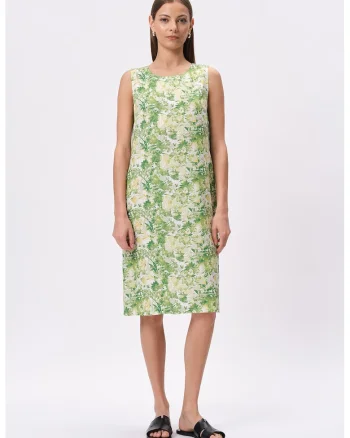 Rochie midi din amestec de in cu imprimeu, Alb/Verde deschis