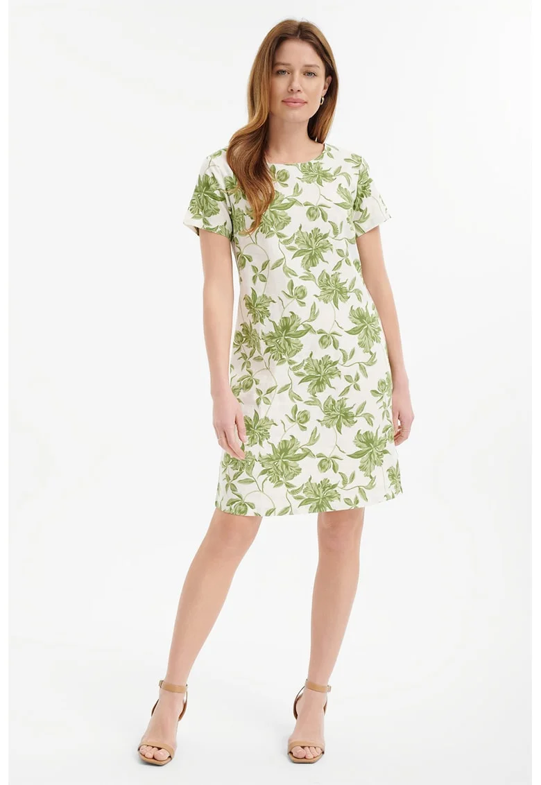 Rochie midi din amestec de in cu imprimeu, Alb fildes/Verde masliniu