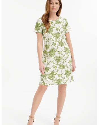Rochie midi din amestec de in cu imprimeu, Alb fildes/Verde masliniu