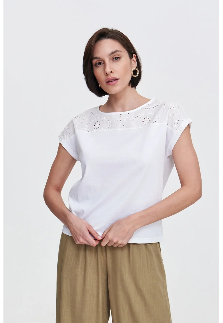 Tricou cu garnitura cu broderie, Alb optic
