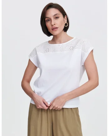 Tricou cu garnitura cu broderie, Alb optic