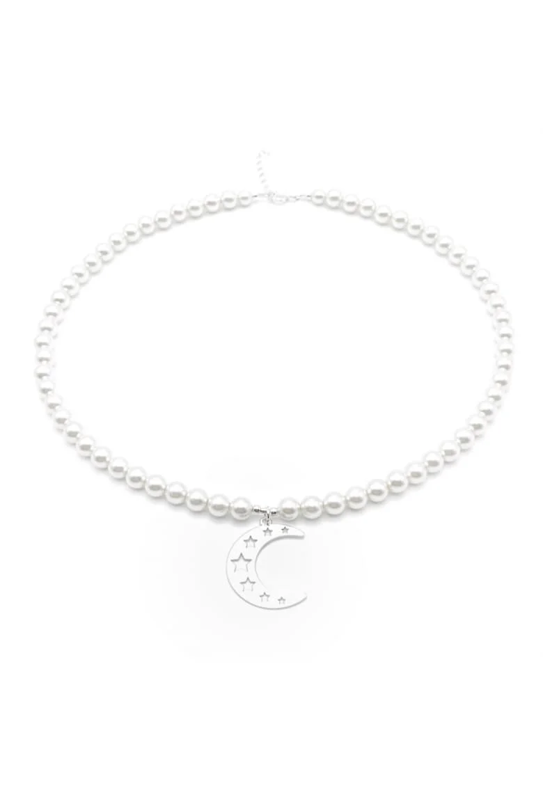 Colier dama,  perle Preciosa albe 6mm, pandantiv Semiluna Argint 925, reglabil