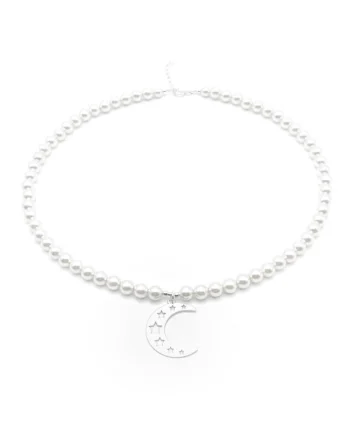 Colier dama,  perle Preciosa albe 6mm, pandantiv Semiluna Argint 925, reglabil