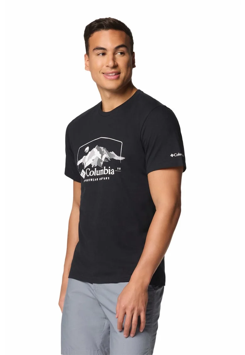 Tricou de bumbac organic cu imprimeu grafic si logo Path Lake, Gri/Negru stins