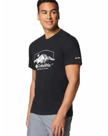 Tricou de bumbac organic cu imprimeu grafic si logo Path Lake, Gri/Negru stins