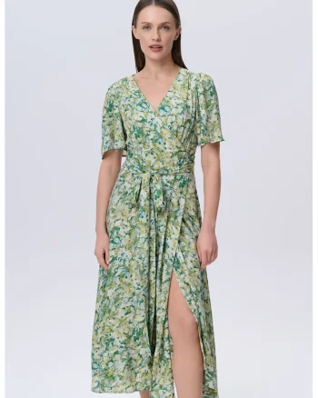 Rochie cu decolteu in V si cordon asortat, Verde pal/Verde fistic