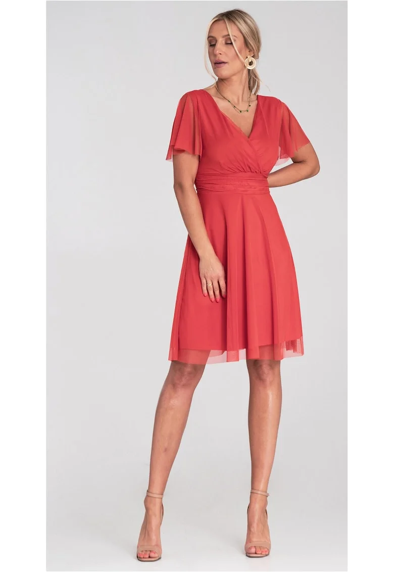 Rochie  portocalie, tul, decolteu plic, maneci scurte, evazata, mulata in talie,