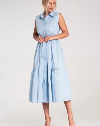 Rochie  eleganta, midi, bumbac, fara maneci, cu curea,