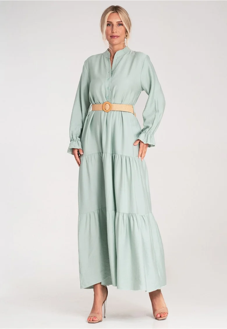 Rochie lunga casual  cu volane, menta, fabricata din material usor,