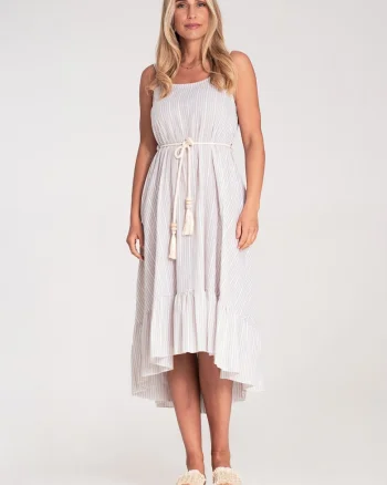 Rochie de vara,  cu dungi, bretele subtiri, bej, material universal,