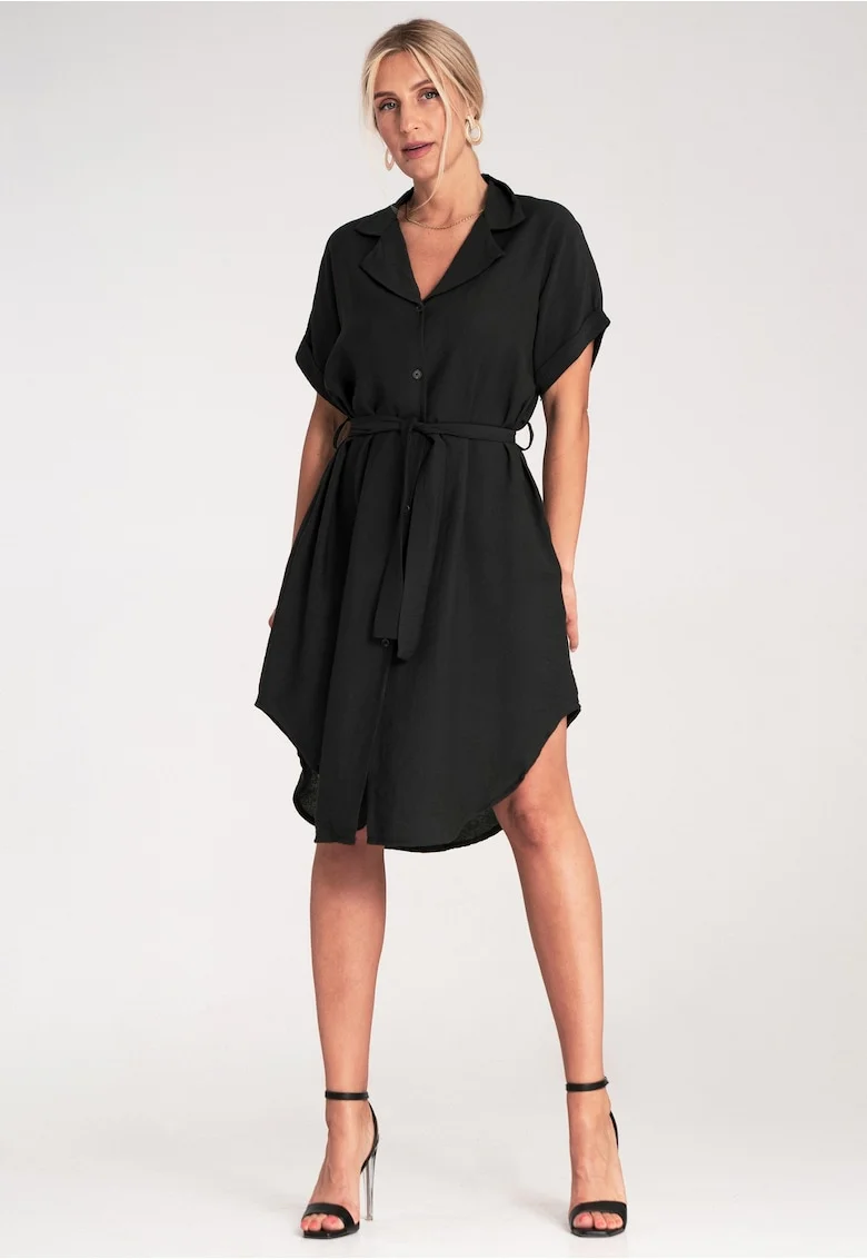 Rochie camasa,  neagra, asimetrica, din viscoza, cu curea,