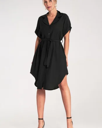 Rochie camasa,  neagra, asimetrica, din viscoza, cu curea,