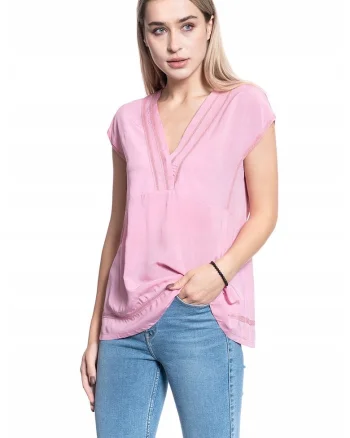Bluza Dama,  Elisa Lace Inset, Croi Slim, Fara Inchidere, 100% Bumbac, Fara Informatii Despre Culoarea Producatorului, Roz