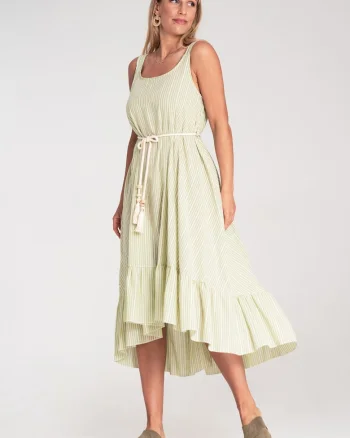 Rochie de vara,  cu dungi, bretele subtiri, verde, material usor,