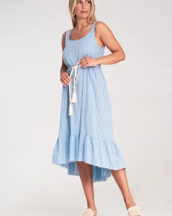 Rochie  cu dungi, asimetrica, volane, albastru deschis, bumbac,